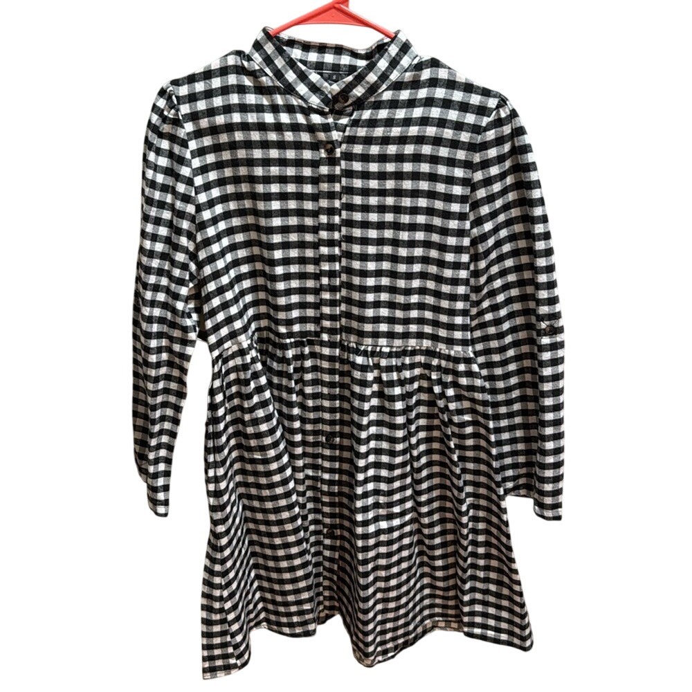 FANCYINN Womens Black White Gingham Plaid Button Down Mini Shirt Dress‎ Small